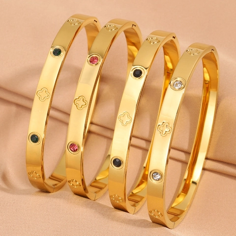 Titanium Steel Bangle Four Leaf Clover Zircon Inlay Gold Plated Hollow Out Luxury Elegant Women Jewelry