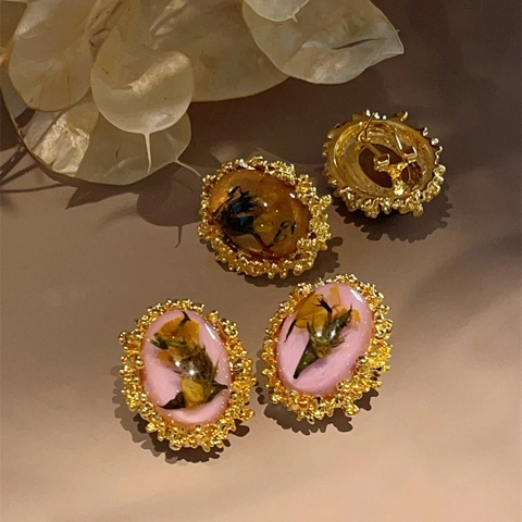 French Vintage Amber Resin Dried Flower Stud Earrings For Women 925 Sterling Silver Earring Post Alloy Floral Jewelry