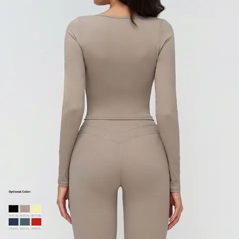 Women Yoga Top Long Sleeve V Neck Brushed Nylon Spandex Tight Fit Cropped Fitness Running Athletic Shirt