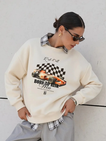 Felpa Da Donna American Retro Racing Print Misto Cotone Oversize Manica Lunga Girocollo Streetwear Pullover Top