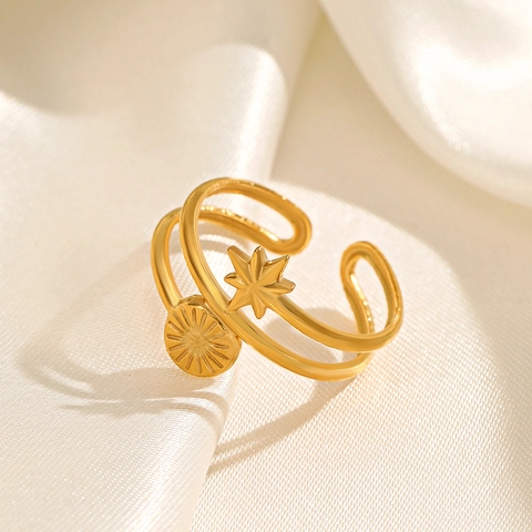 Anillo De Estrella De Ocho Puntas Acero Inoxydable Doble Capa Ajustable Abierto Sol Joyería Celestial Para Mujer