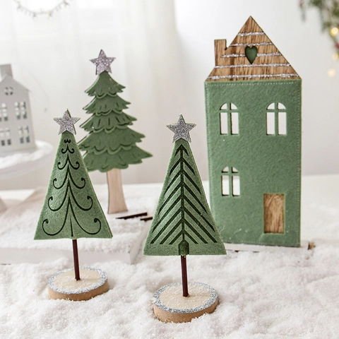 Arbre De Noël En Feutrine Maison En Bois Ornement De Bureau Vert Pin Miniature Pour Décoration De Table Festive Étoile Pailletée Argentée