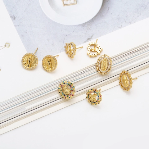 Religious Virgin Mary Stud Earrings Gold Plated Copper Colorful Cubic Zirconia Vintage Fashion Jewelry For Women