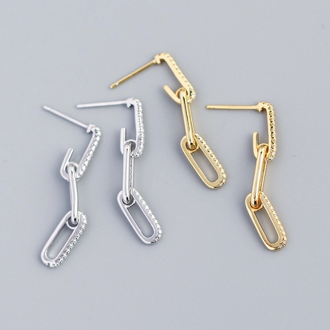 Vintage 925 Sterling Silver Geometric Chain Link Drop Earrings For Women Rhinestone Inlaid Light Luxury Fashion Jewelry Accessories