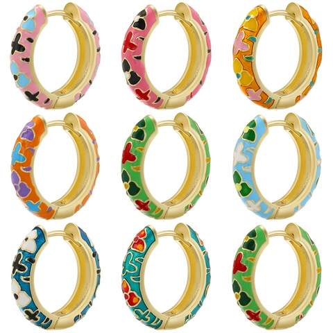 Enamel Flower Hoop Earrings Copper Retro Floral Design Vintage Style Gold Plated Huggie For Women