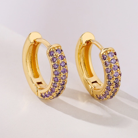 Zirconia Copper Huggie Hoop Earrings Gold Plated Micro Pave Colorful Round Cut Retro Fashion Jewelry For Women Elegant