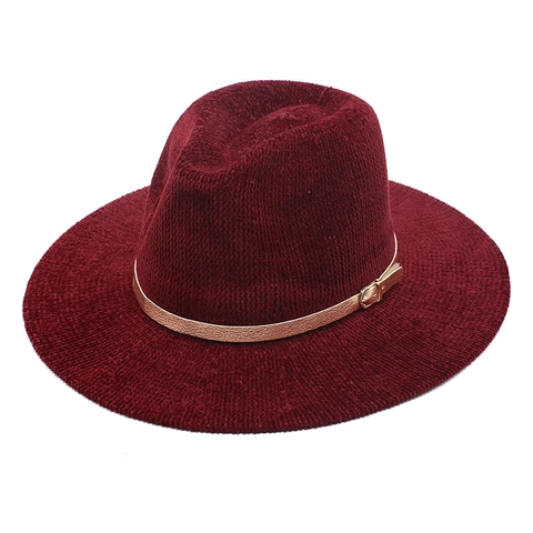 Vintage Chenille Fedora Hat Wide Brim Knitted Solid Color Jazz Cap With Gold Buckle Unisex Autumn Winter Fashion