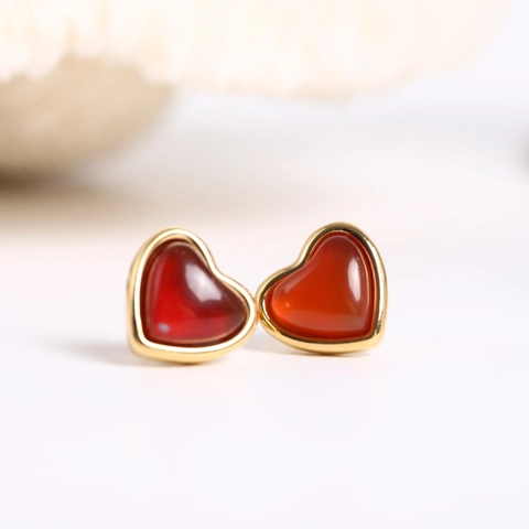 Heart Pendant Necklace Stud Earrings Stainless Steel 18K Gold Plated Agate Jewelry Waterproof Tarnish Free Fashion