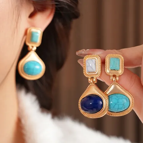Vintage Oval Resin Drop Earrings Gold Alloy With Silver Earring Post Retro Geometric Luxury Style For Women