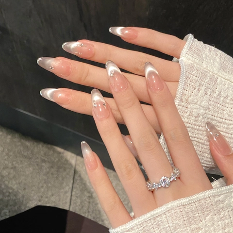 Handmade Purple Cat Eye Press On Nails Almond Shape Silver French Tip Rhinestone Medium Long Reusable False Nails For Women