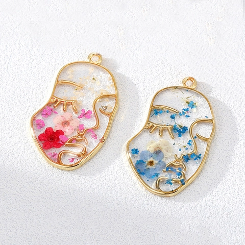 Abstract Face Profile Pendants Real Dried Flowers Resin Metal Frame Artistic DIY Jewelry Making Accessory For Earrings Necklaces