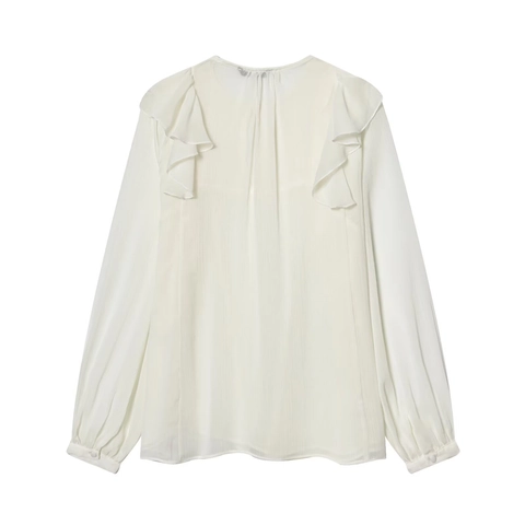 Elegante Damen Langarm Chiffon Bluse Rüschenbesatz Plissee Weiß Büro Dame Vintage Französischer Stil Shirt Top