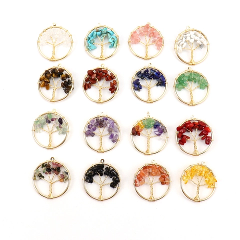 Tree Of Life Pendant Necklace Natural Crushed Stone Crystal Handmade Alloy Wire Wrapped Round Healing Jewelry For Women