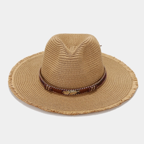 Straw Sun Hat Wide Brim Frayed Edge Paper Breathable Beach Vacation Bohemian Ethnic Women With Feather Pendant