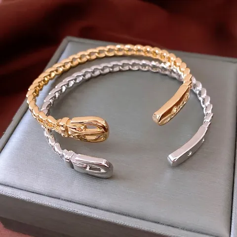 Retro Buckle Open Bangle Bracelet 18K Gold Plated Copper Woven Chain Texture Minimalist Fashion Jewelry For Women