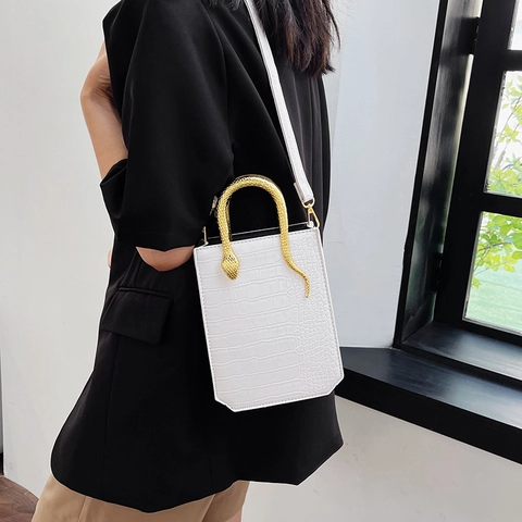 Τσάντα Tote Crossbody Από Δέρμα PU Με Ανάγλυφο Κροκόδειλο Και Χρυσή Μεταλλική Λαβή Φίδι Κομψή Γυναικεία Τσάντα