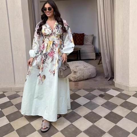 Women V Neck Floral Print Maxi Dress Long Lantern Sleeve High Waist Bohemian Style Polyester Pleated Vacation Dress