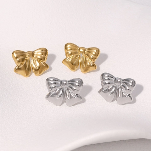 Pendientes De Botón Con Lazo Acero Inoxidable Bañado En Oro De 18K Joyería De Moda Para Mujer