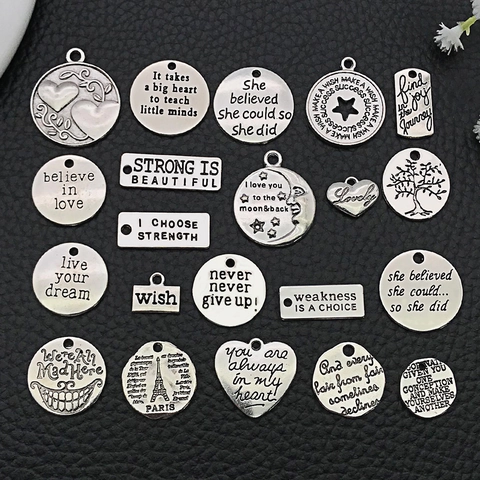 Dijes Inspiradores Con Citas Aleación De Zinc Plata Antigua Para Creación De Joyas Pulsera Collar Corazón Redondo Mix