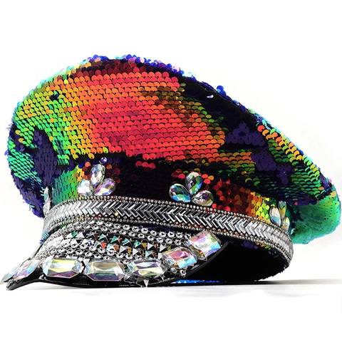 Sombrero De Capitán Con Lentejuelas Gorra Militar Brillante De Pedrería Para Fiesta Boda Festival De Música