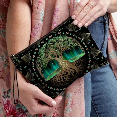Borsa Per Cosmetici Con Stampa Albero Della Vita Pochette Trucco In Lino Fine Con Cinturino Da Polso Cerniera Organizzatore Da Donna