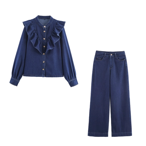 Completo Camicia Di Jeans Con Volant E Pantaloni A Gamba Larga Donna Manica Lunga Vita Alta Blu Scuro Streetwear