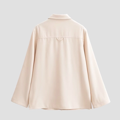 Blusa Utilitaria Mujer Manga Larga Color Albaricoque Poliéster Bolsillos Cargo Cuello Solapa Camisa Chaqueta Elegante