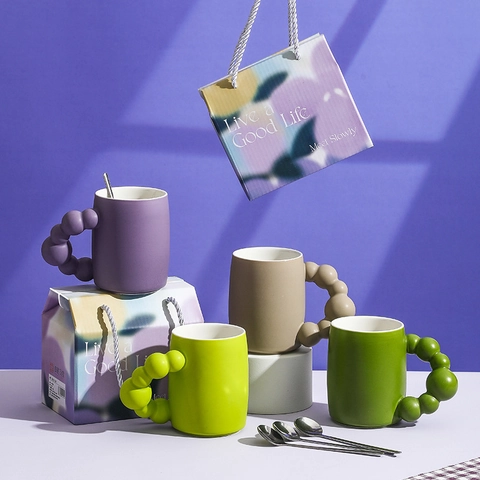 Creative Ceramic Mug With Bubble Handle Matte Glaze Coffee Cup Gift Box Set With Spoon Heat Resistant For Office Home