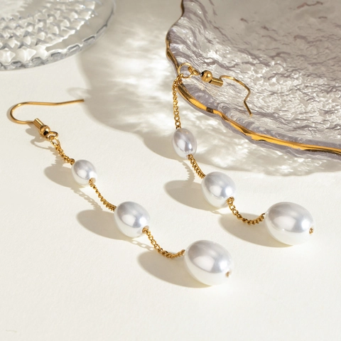 Elegante Edelstahl Künstliche Perle Quaste Ohrringe Lange Kette Drop Dangle Ohrhaken Für Frauen Hypoallergener Schmuck