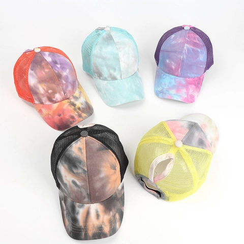 Ponytail Baseball Cap Tie-Dye Mesh Trucker Hat Breathable Cotton Nylon Sunshade Adjustable Women Outdoor