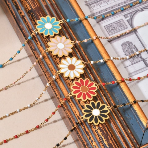 Bracciale Con Ciondolo Margherita In Acciaio Inossidabile Moda Francese Smalto Perline Catena Regolabile Per Donna