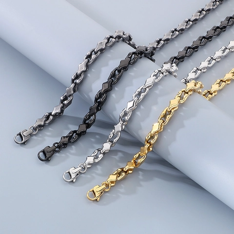 Collana E Bracciale In Acciaio Inossidabile Uomo Maglie Geometriche A Rombo Stile Hip Hop Punk Gioielli Minimalisti