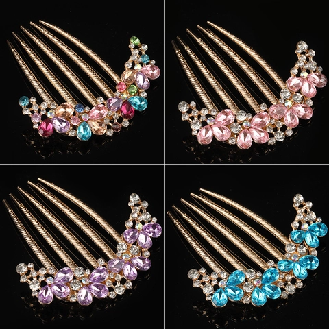 Elegant Alloy Floral Rhinestone Hair Comb For Women Palace Style Vintage Wedding Bridal Five Tooth Hair Fork Accessories