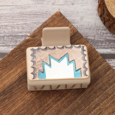 Square Hair Claw Clip Retro Western Style Faux Leather Sunflower Geometric Pattern Plastic Hair Accessories For Women