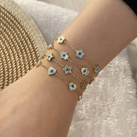 Edelstahl Armband Böser Blick Vergoldet Herz Stern Blume Hamsa Hand Emaille Anhänger Verstellbar Glücksschmuck Damen