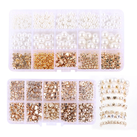 DIY Jewelry Making Kit With Faux Artificial Pearl And Gold Metallic Spacer Beads Heart Star Alphabet Beads For Bracelet Necklaces