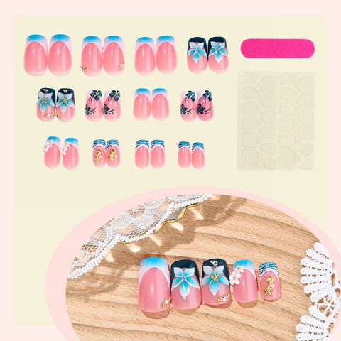 Handgemaakte Kunstnagels Blauw Gradiënt 3D Bloemen Bladgoud Schelp Zeester Zomer Oceaan Stijl Franse Tips Met Rijnstenen Kunstparels