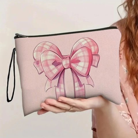 Tragbare Kosmetiktasche Kulturbeutel Leinenstoff Karomuster Schleife Herz Druck Reißverschluss Handtasche Reise Organizer
