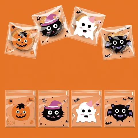 Halloween Selbstklebend Beutel Kunststoff Cartoon Kürbis Geist Süßigkeiten Kekse Geschenk Verpackung Party Versiegelung
