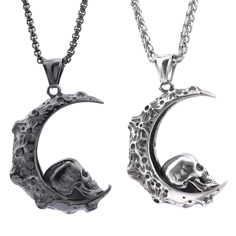 Gothic Edelstahl Anhänger Halskette Vintage Herz Edelstein Flügel Kreuz Schwert Sichelmond Totenkopf Punk Schmuck
