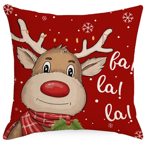 Funda De Almohada De Navidad Rojo Lino Estampado Reno Papá Noel Cubierta De Cojín Decorativa De Vacaciones Para Sofá Hogar
