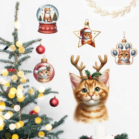 Autocollants Muraux Chat De Noël Bois De Renne Chaton Roux Stickers Toilettes PVC Imperméable Décoration Maison