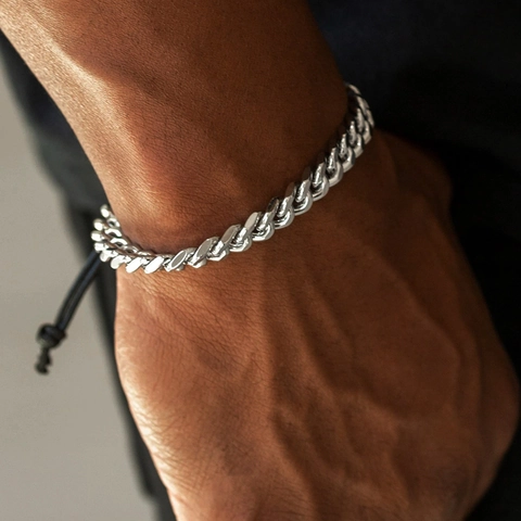 Pulsera De Cadena De Eslabones Cubanos Para Hombre De Acero Inoxidable Con Cuerda Trenzada Negra Ajustable Joyería