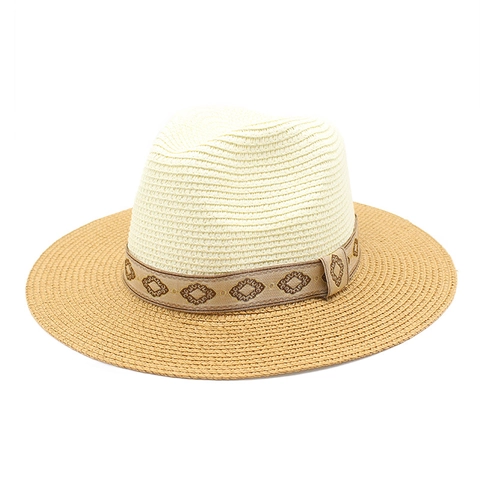 Stroh Fedora Panama Sonnenhut Zweifarbig Breitkrempig Atmungsaktiv Sommer Strand Urlaub Mit Geometrischem Band Für Damen Herren