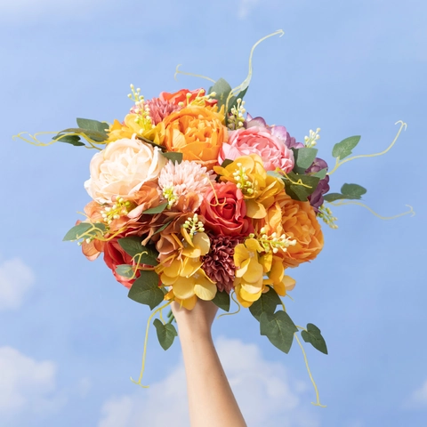 Artificial Satin Peony Rose Hydrangea Bouquet Wedding Hand Holding Flowers Home Decor Photography Props Faux Floral