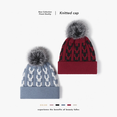 Berretto In Maglia Invernale Da Donna Con Pompon In Pelliccia Sintetica Risvolto Caldo Spesso Foderato In Pile Motivo Geometrico All'aperto