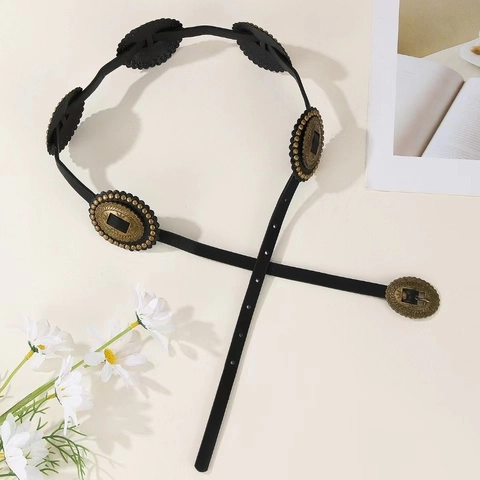 Ceinture en Cuir PU Rétro pour Femmes Avec Boucle en Métal Bronze Rond Ajouré Style Bohème Perlé Sangle de Taille Mode Réglable