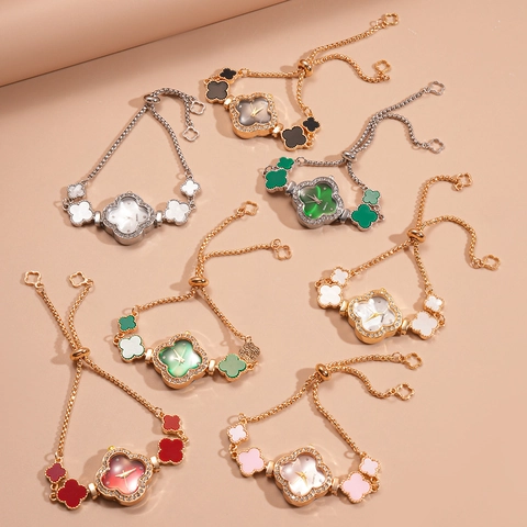 Clover Shape Bracelet Watch Rhinestone Alloy Quartz Adjustable Drawstring Elegant Fashion Jewelry For Women