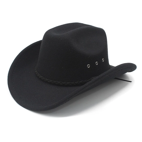 Western Cowboy Hat Wide Brim Felt Wool Breathable Metal Air Holes Vintage Ethnic Style Outdoor Sun Protection Unisex