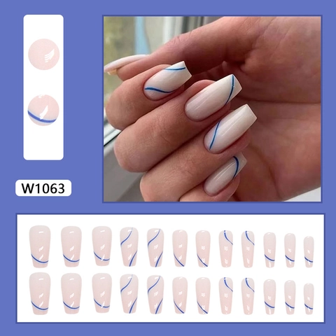 Faux Ongles Press On Rayures Bleues Irrégulières Forme Ballerine Cercueil Couverture Complète Pour Femmes